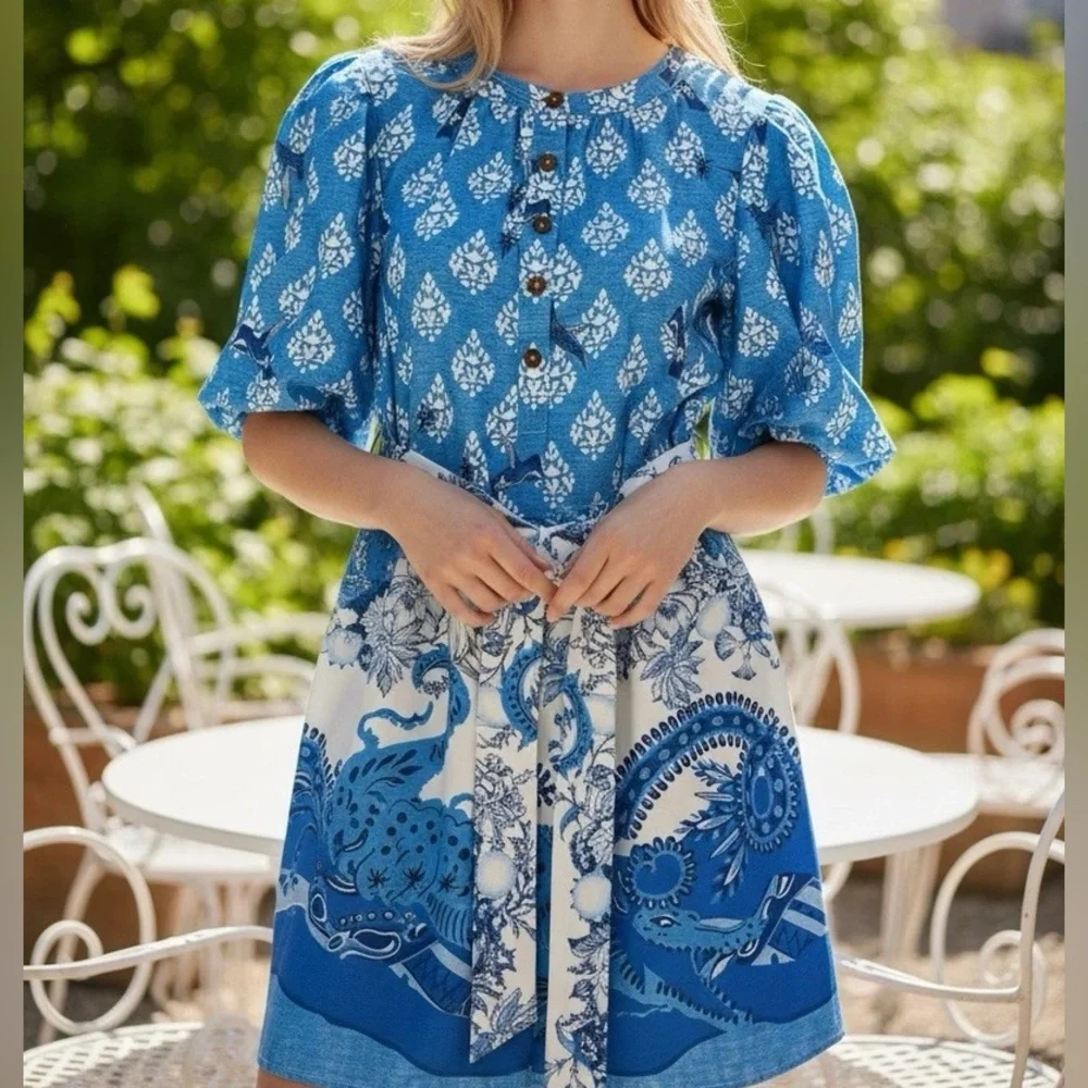 A Loves A Blue Printed Button-Front Dress - Picture 1 of 16